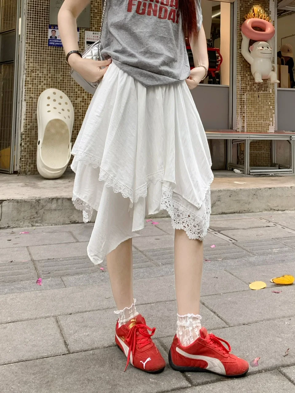 

Юбка А-силуэта с высокой талией и кружевной отделкой, белая, в корейском стиле, модная, элегантная, молодежная, женская, весенняя