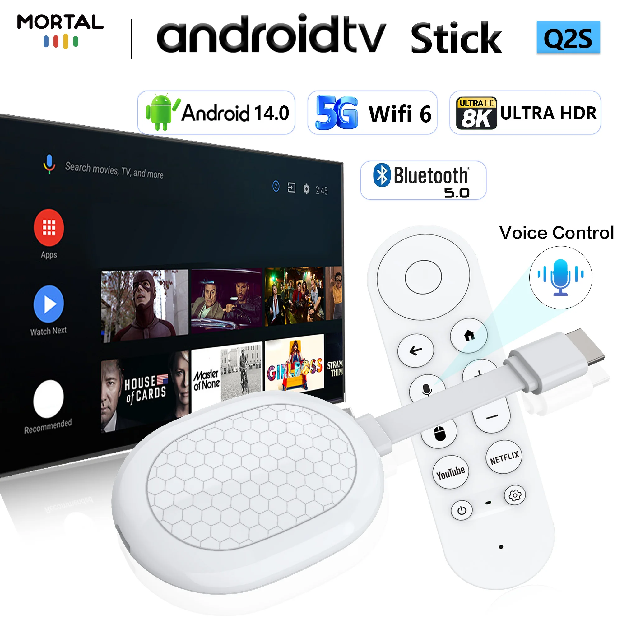 Android 14.0 Allwinner H313 terlaris di dunia, TV stick Google Voice Remote Dual 2.4/5G Wifi 6 BT 5.0 8K Video Decoding TV BOX