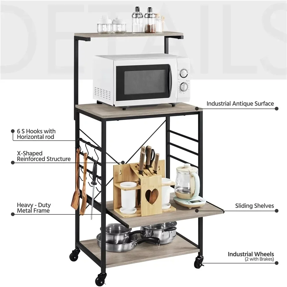 4-Tier Kitchen Cart Bakers Rack With Side Hooks Storage Cabinet Microwave Shelf Furniture for Kitchen Furniture Complete Home