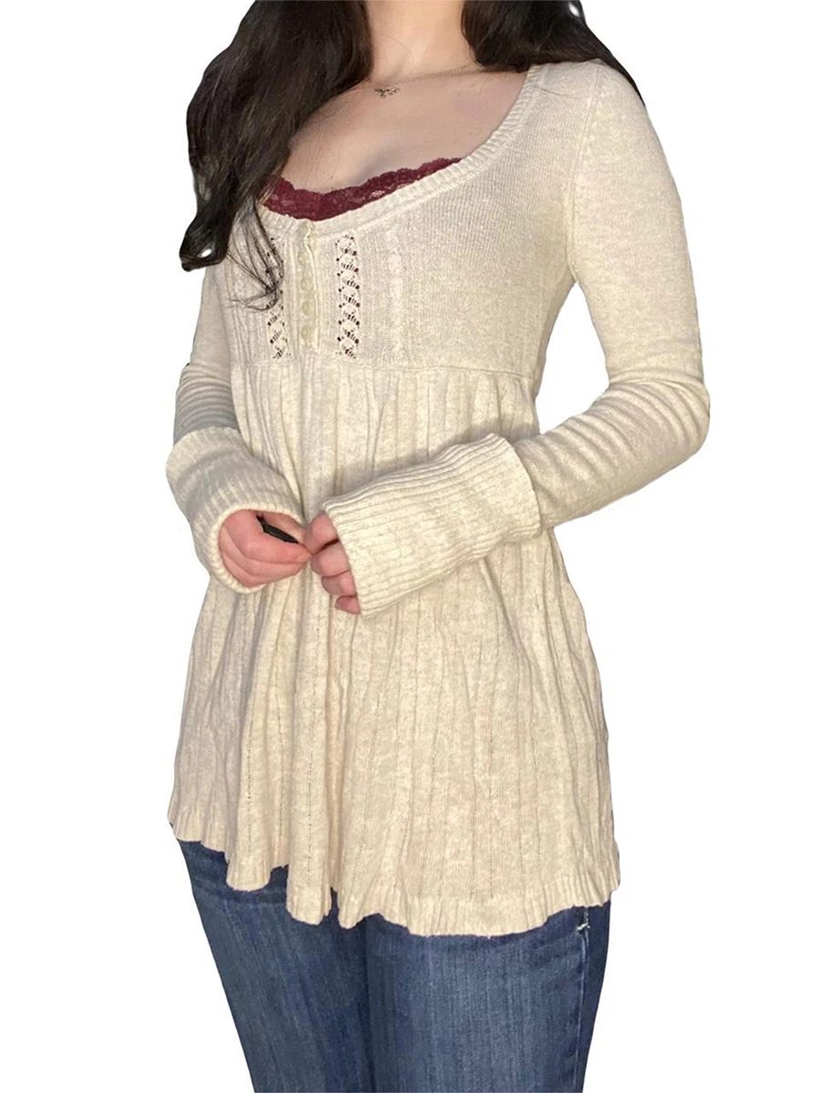 Elegant Women s Fall Knitwear Stylish Long Sleeve Tunic Sweater with Button Detail and Square Neckline