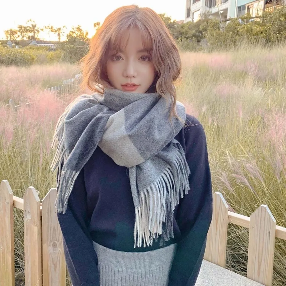 

Soft Wool Classic Plaid Scarf Soft Polyester Knitted Wool Scarf Contrast Color Korean Style Long Neckscarf with Tassel Autumn