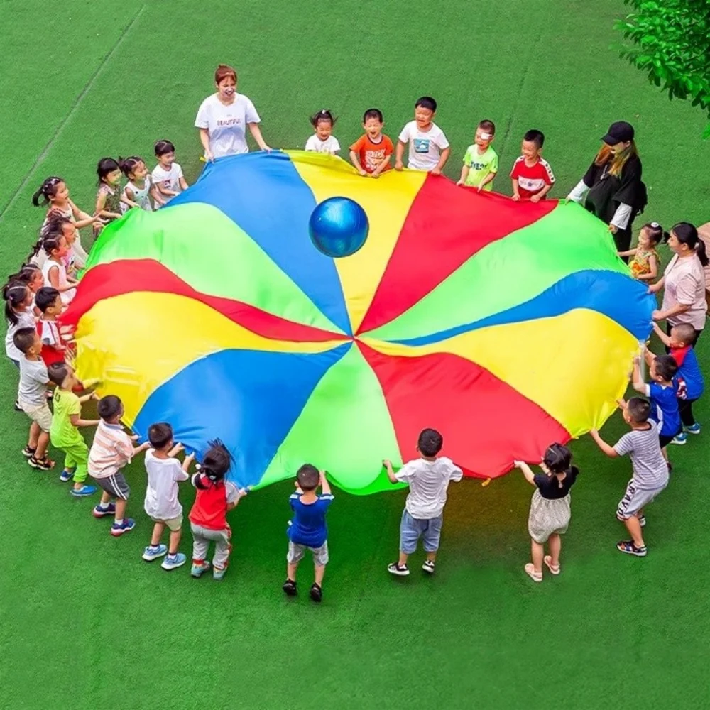 ร่มร่มชูชีพสีรุ้ง 2-6 เมตร - เกมฝึกการรับรู้สำหรับเด็กกลางแจ้ง ของเล่นกิจกรรมแบบโต้ตอบระหว่างพ่อแม่และลูก