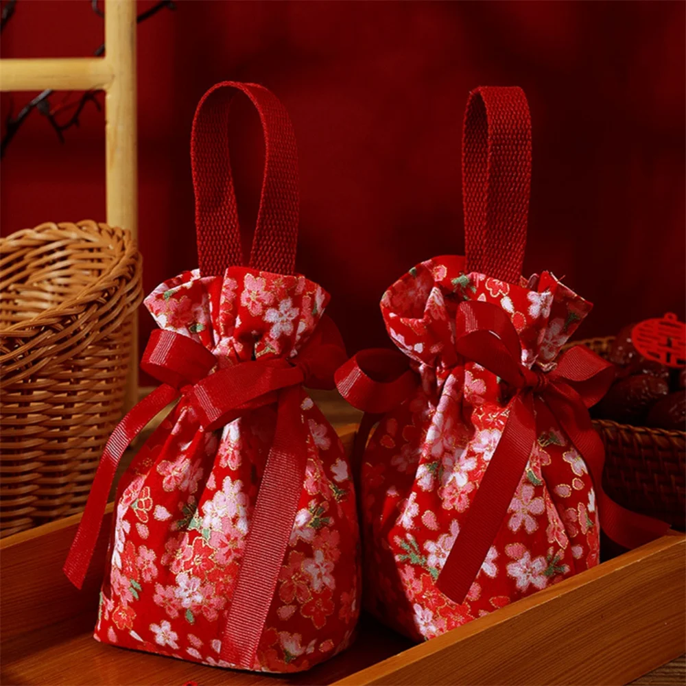 1pc Wedding Candy Bag Portable Canvas Gift Bag Party Wedding Goodie Packing Box Vintage Floral Handheld Gift Storage Bag