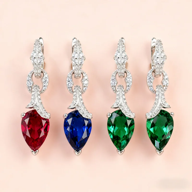 

Pear 7x11mm Custom Earrings 925 Sterling Silver Lab Ruby Sapphire Columbia Gemstones For Wedding Christmas Jewelry Luxury Gifts