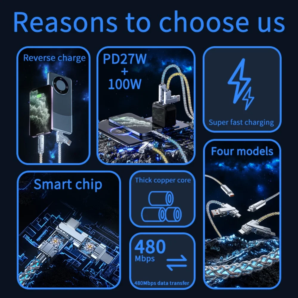 كابل بيانات 4 في 1 خفيف متعدد الوظائف PD كابل شحن RGB مصباح التنفس 66 وات شحن سريع مناسب لهاتف iPhone Samsung Xiaomi #3