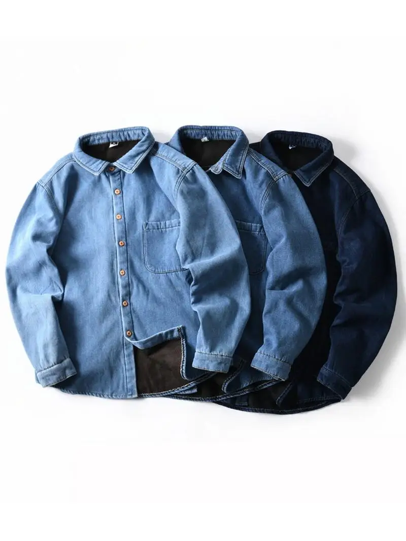 

Autumn Winter Thiened Waed Pure Cotton Flannel Warm Collar Denim irt Jaet Men's Loose Fit Long Sve Button up Coat