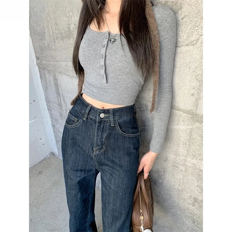الكورية الرجعية عالية الخصر مستقيم المرأة الجينز الربيع أزياء السيدات بسيطة تنوعا فضفاض جان أزرق داكن واسعة الساق Y2K بنطلون