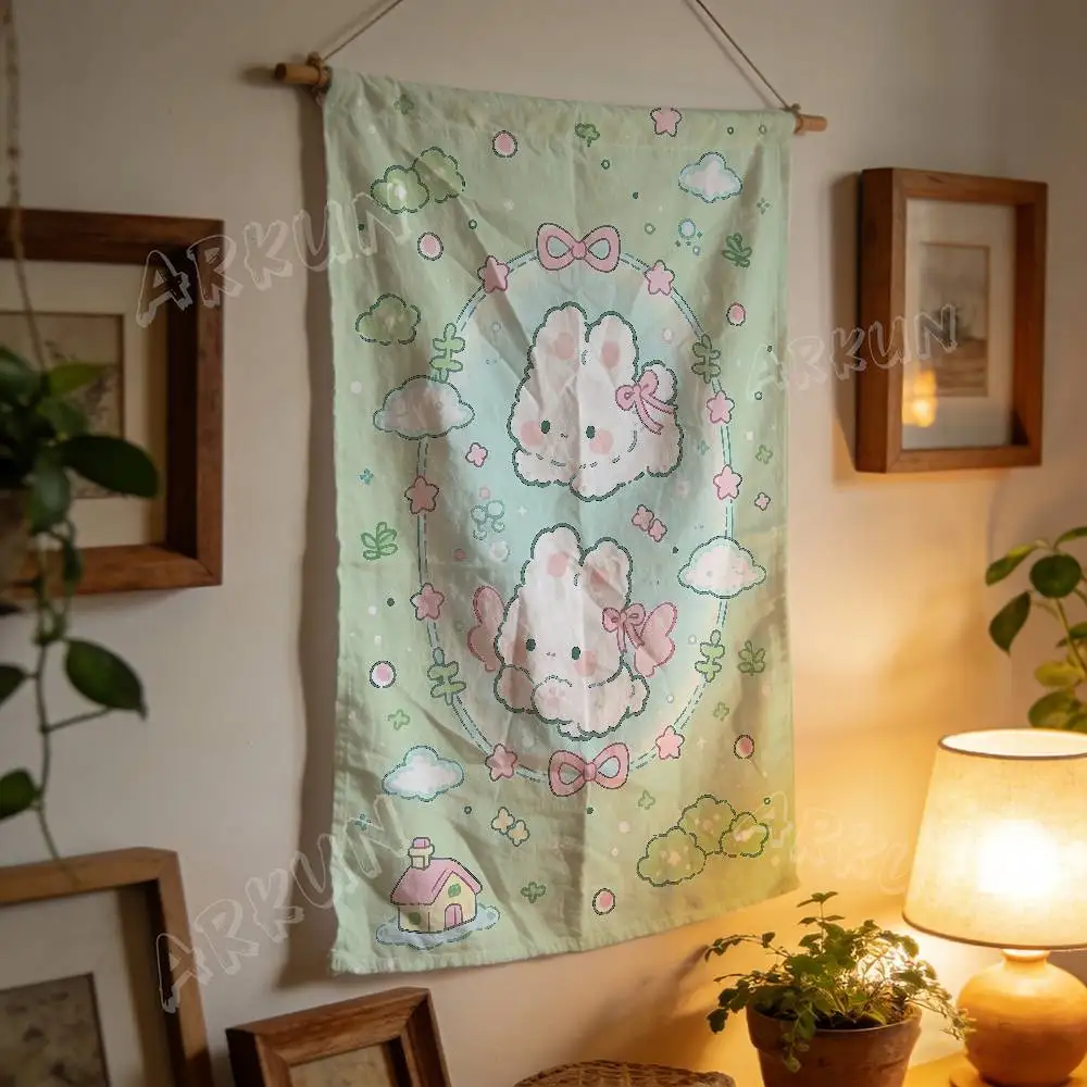 Cute White Bunny Tapestry Kawaii Rabbit with Bow Cloud Star Green Background Wall Hanging Cloth for Girls Bedroom Room Decor