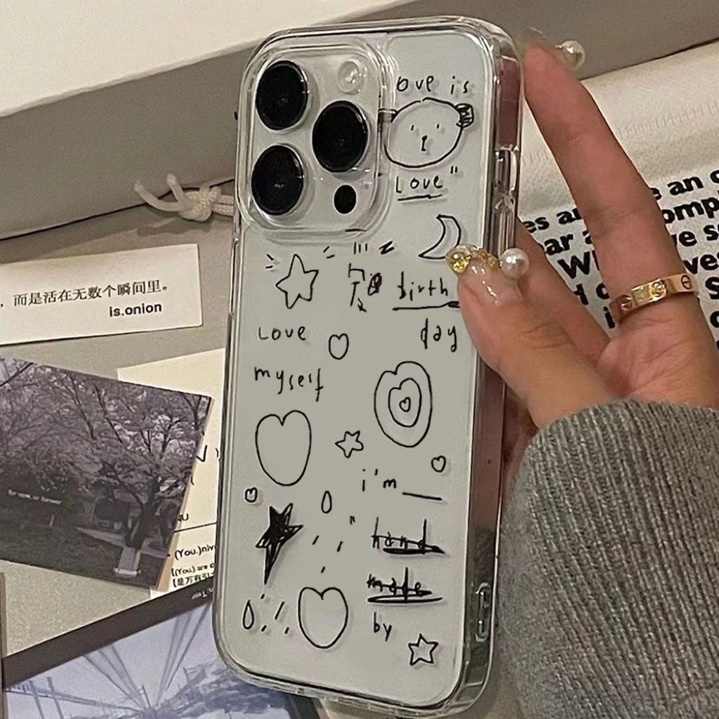 Line Moon Love Case for IPhone 16 15 14 Plus 13 12 11 Pro Max Shockproof Transparent Soft Cover Protection Back Cover Bumper