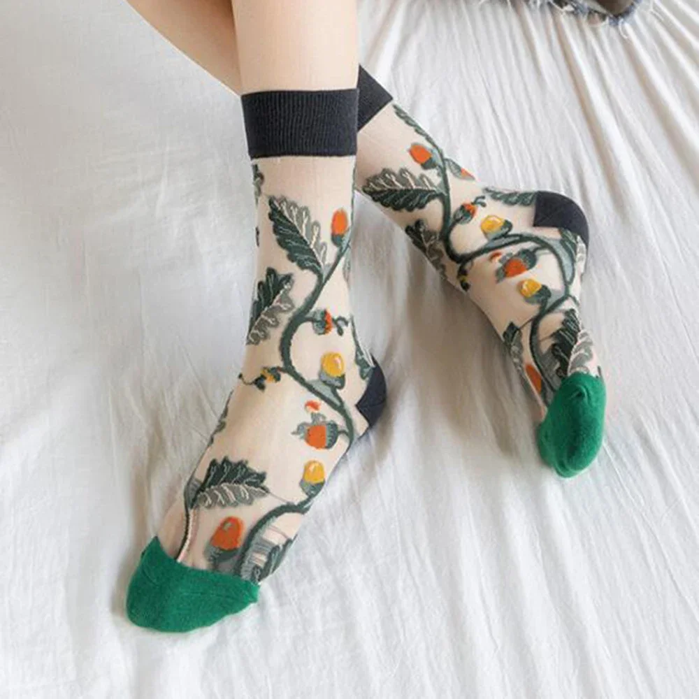 5 زوج/مجموعة فرنسا محب تصميم الزجاج الحرير الأزهار الطيور جوارب بأشكال مضحكة النساء شفافة الفن الكاحل الجوارب الجاكار