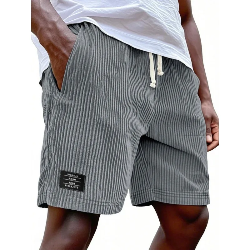2026 New Mens Corduroy Shorts Retro Embroidered Logo Lace Up Casual Summer European American Fashion Drawstring Beach Pants
