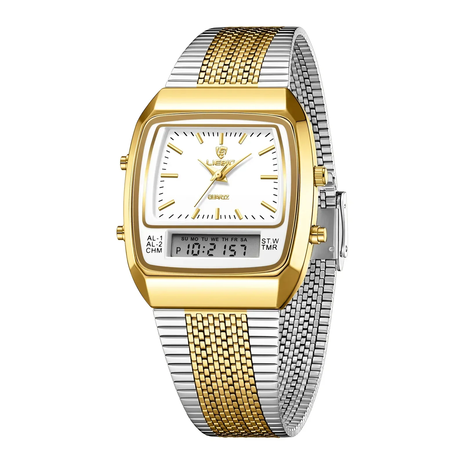 

Мужские часы с ремешком из нержавеющей стали, аналоговые цифровые кварцевые часы с двойным дисплеем и двойным механизмом, модные электронные наручные часы