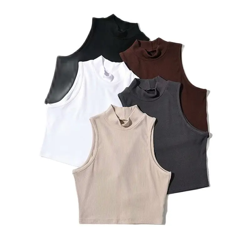 

2023 Summer Black Women Fashion Crop Top Casual Plain High Neck White Sleeveless Daily Basic Tank Tops Y2K Tops 5 Colors