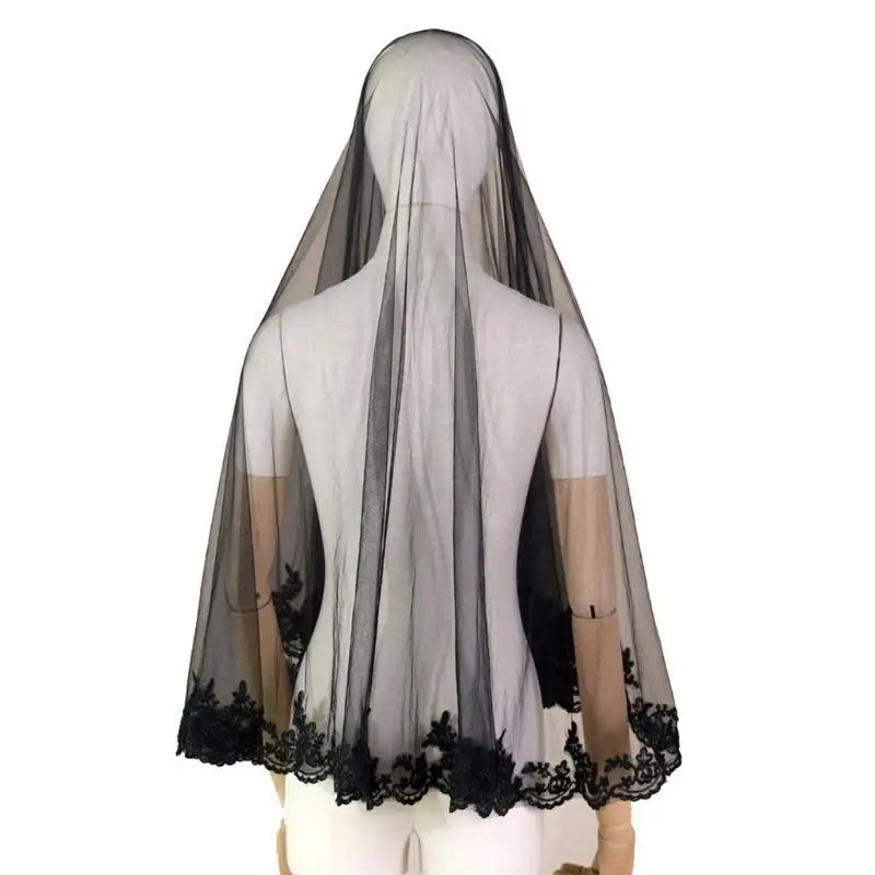 31BB velo oscuro velos encaje Mantilla cubierta cabeza accesorios para cabello boda velo novia negro pañuelo