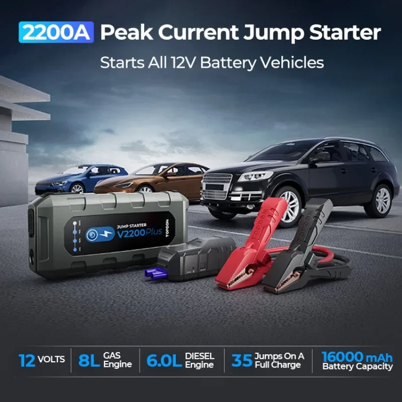 TOPDON V2200Plus 2200A 12V Emergency Portable Vehicle Car Battery Booster Pack Power Bank 2-in-1 Battery Tester and Jump Starter