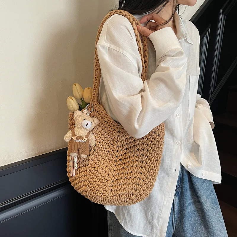 

2026 New Korean Lazy Style Crochet Woven Bag Women's Summer Fashion Cotton Thread Hollow Shoulder Bag Vacation Casual Handbag
