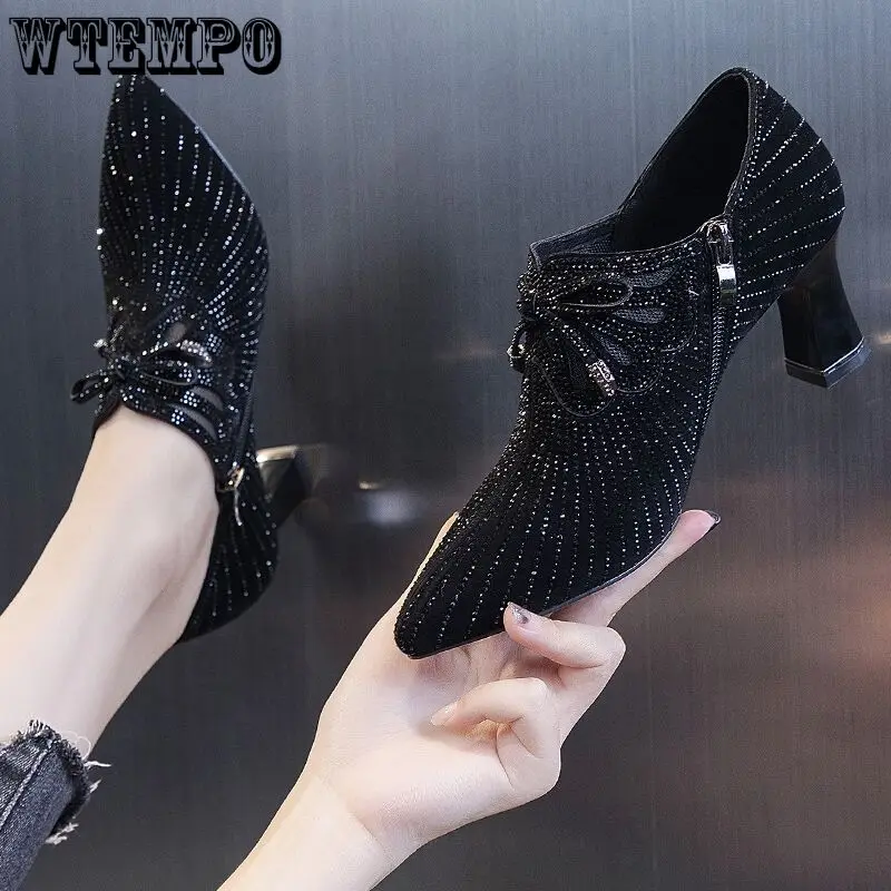 Bow Pointed Toe High Heeled Shoes Women\'s Water Diamond British Style Fashion PU Leather Shoes Deep Mouth Pumps Spring Autumn