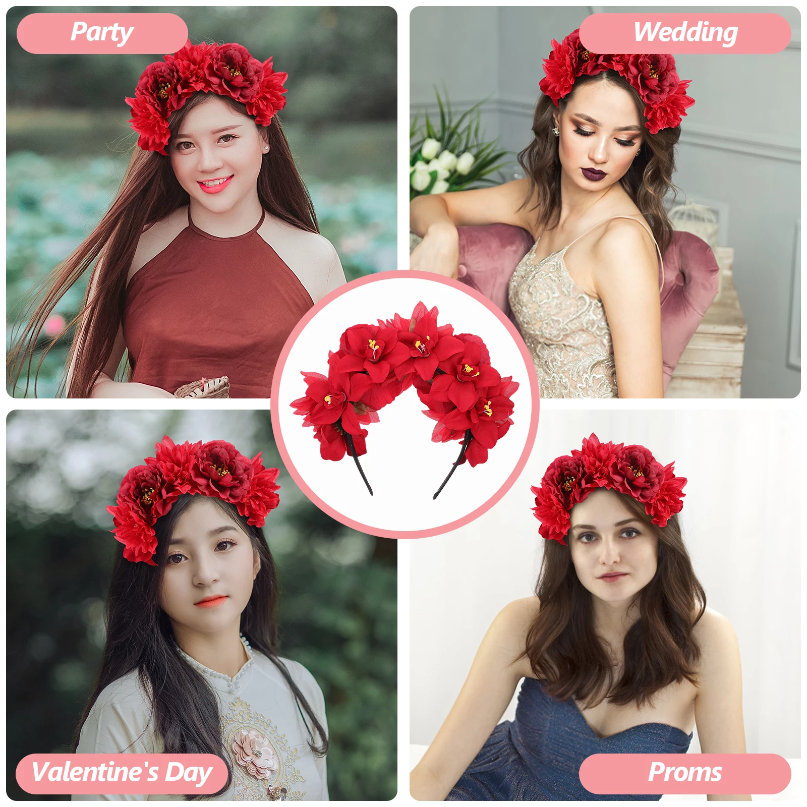 

Artificial Flower Headbands Retro Peony Design Large Floral Hair Accessories for Women Tea Party Travel Photoshoot Prom Red