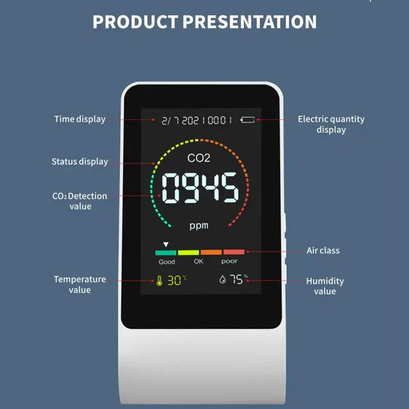 Indoor CO2 Sensor CO2 Meter Digital Air Detector Intelligent Air Quality Analyzer Air Pollution Monitor Humidity Detector