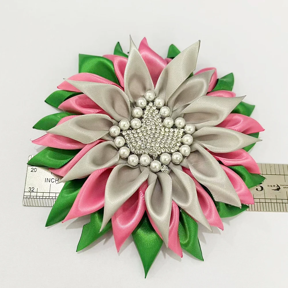 Exquisite Pink and Green Satin Handmade Greek Alpha Fellowship Ivy Accessories Corsage Brooch
