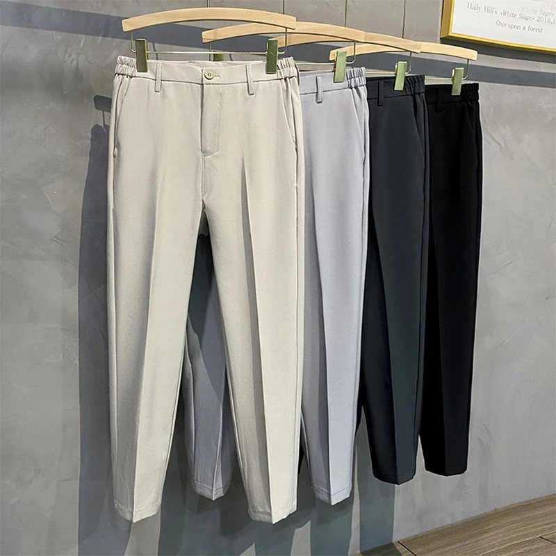 Calça de terno cônico masculino, slim fit, cor sólida, sem ferro, cortina, negócios, escritório, casual, preto, cinza, plus size 38, 40, 42, outono