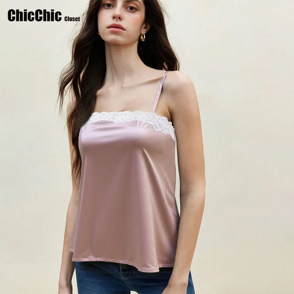 

2026 Lace Camis Patchwork Sling Top Women Sexy Pink Sleeveless Side Split Solid Color Vest New Summer Lady Party Vacation Tops