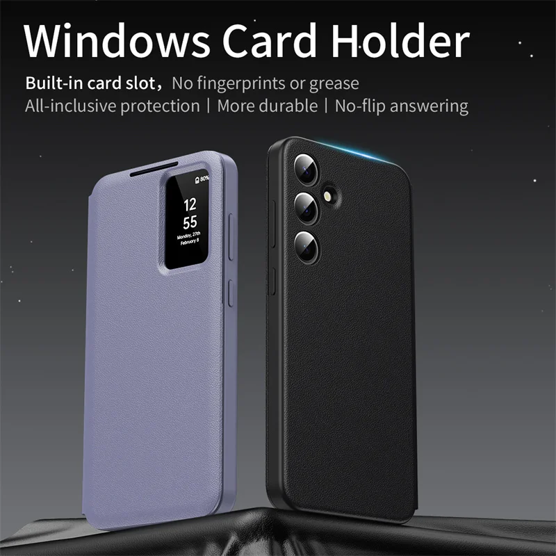 

For Samsung Galaxy S22 S23 S24 S25 Ultra 25 Plus Case Original PU Leather Card Pocke Flip Smart Display Transparent Window Cover