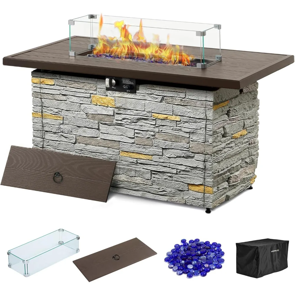 

Rectangular Outdoor Propane Fire Pit Table with Stone Look, 50,000 BTU for Patio Use