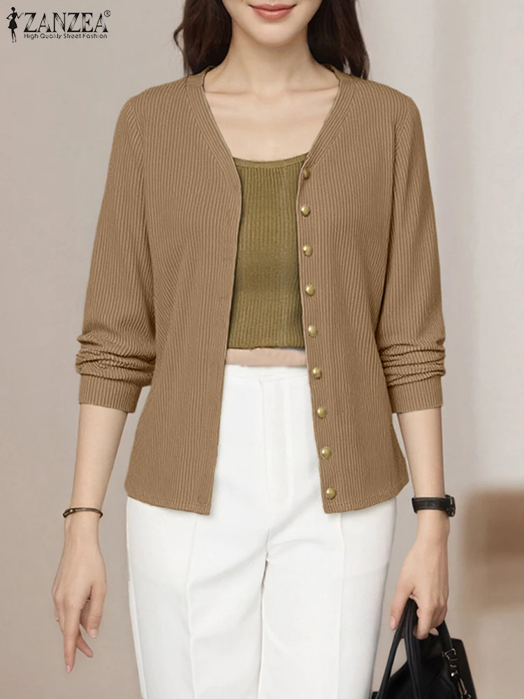 2025ZANZEA Frauen Mode Gestrickte Pullover Elegante Jumper Herbst V-ausschnitt Strickwaren Strickjacke Casual Solide Lose Pullover Jumper