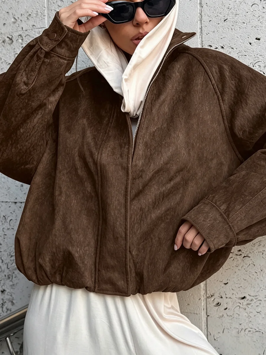 PUAL Women Cropped  Bomber Jacket Full Zip Up Loose Raglan Sleeve Hem Vintage Casual Ladies Outerwear For Autumn Winter