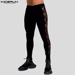 2024 Men Pants Lace Patchwork Sexy Elastic Waist Fitness Transparent Male Leggings Streetwear Fashion Trousers S-5XL INCERUN