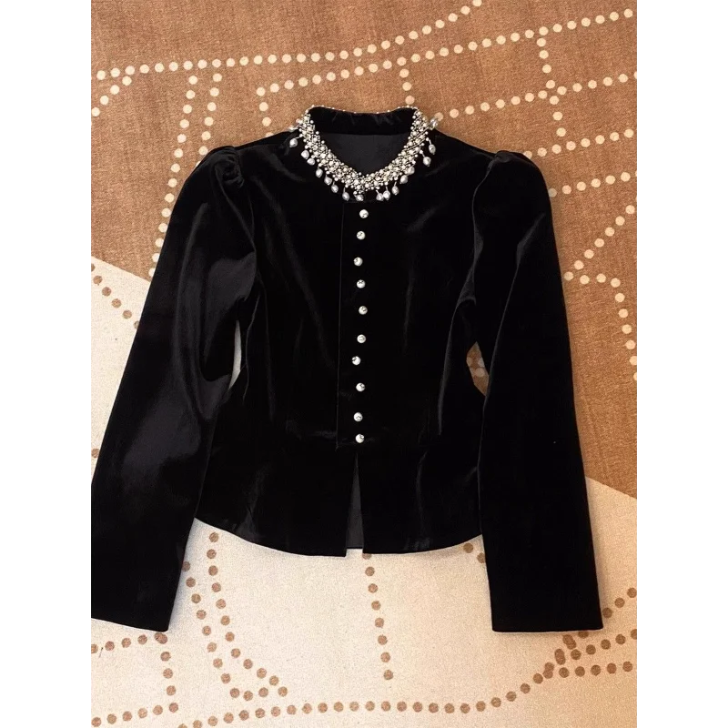 

Черная бархатная рубашка с пышными рукавами и бисером, женская новая осенняя изысканная женская рубашка во французском стиле