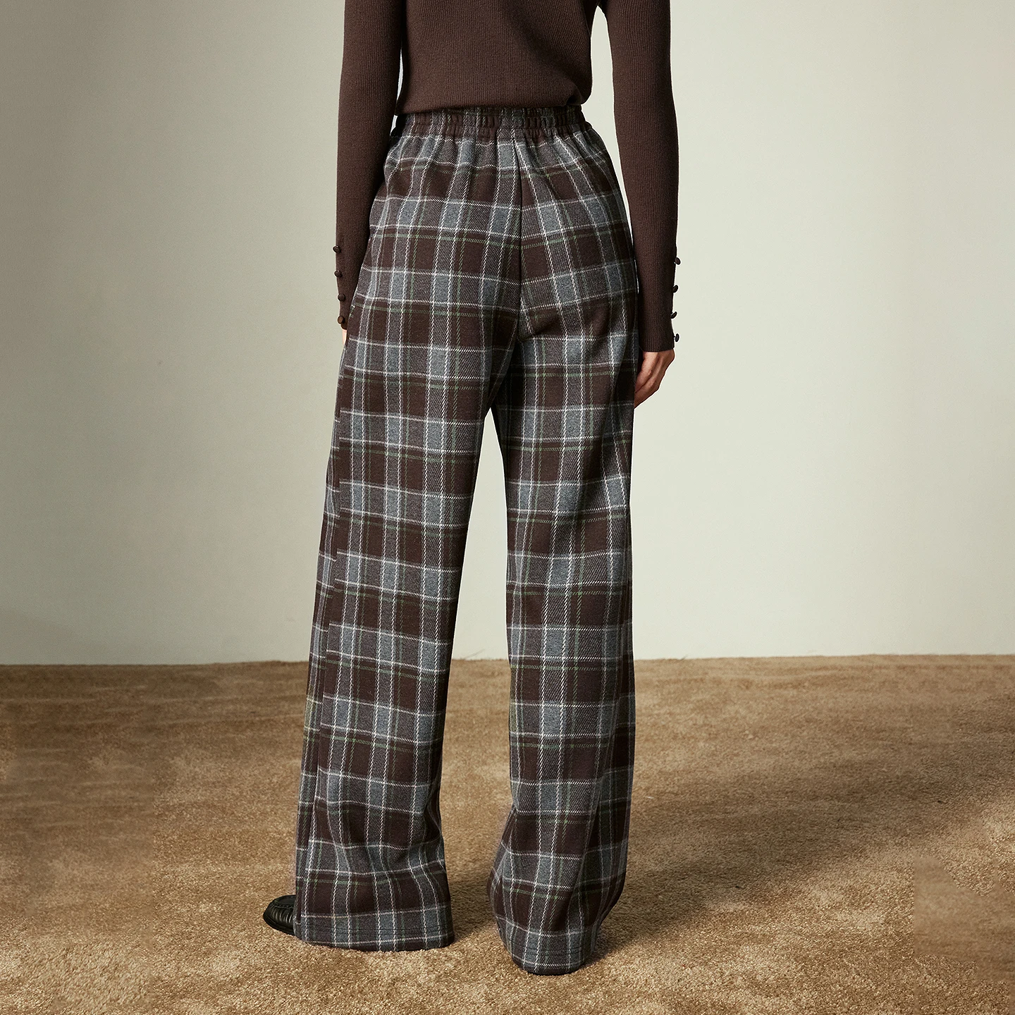 TOYOUTH dames wijde pijpen broek 2025, winter nieuwe vintage geruite fleece gevoerde luie ontspannen pasvorm elastische taille casual broek