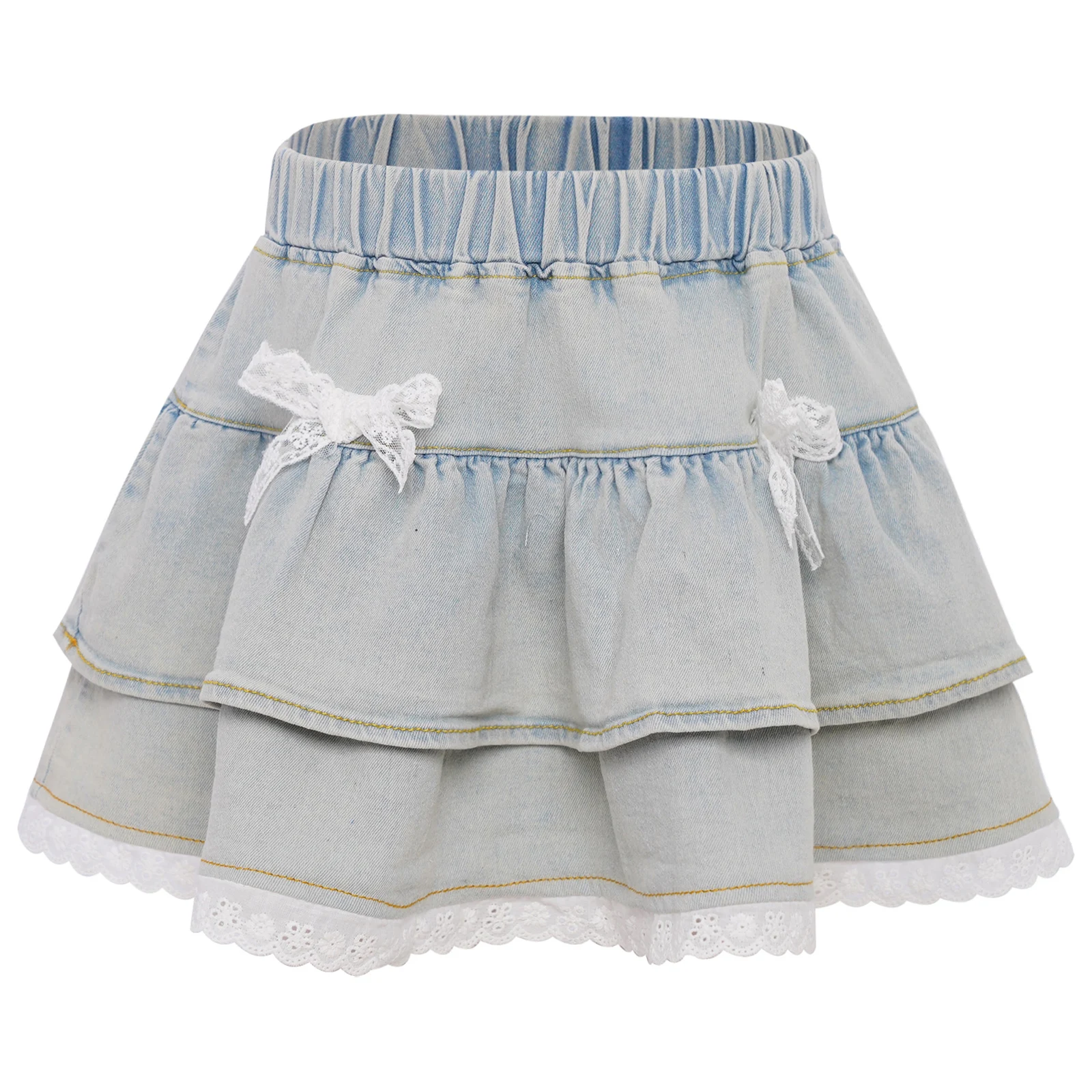 

Kids Girls Denim Skirt Bowknot Lace Trim Tiered Ruffled Elastic Waistband Jean Skirts for Weekend Picnic Park Vacation Beach