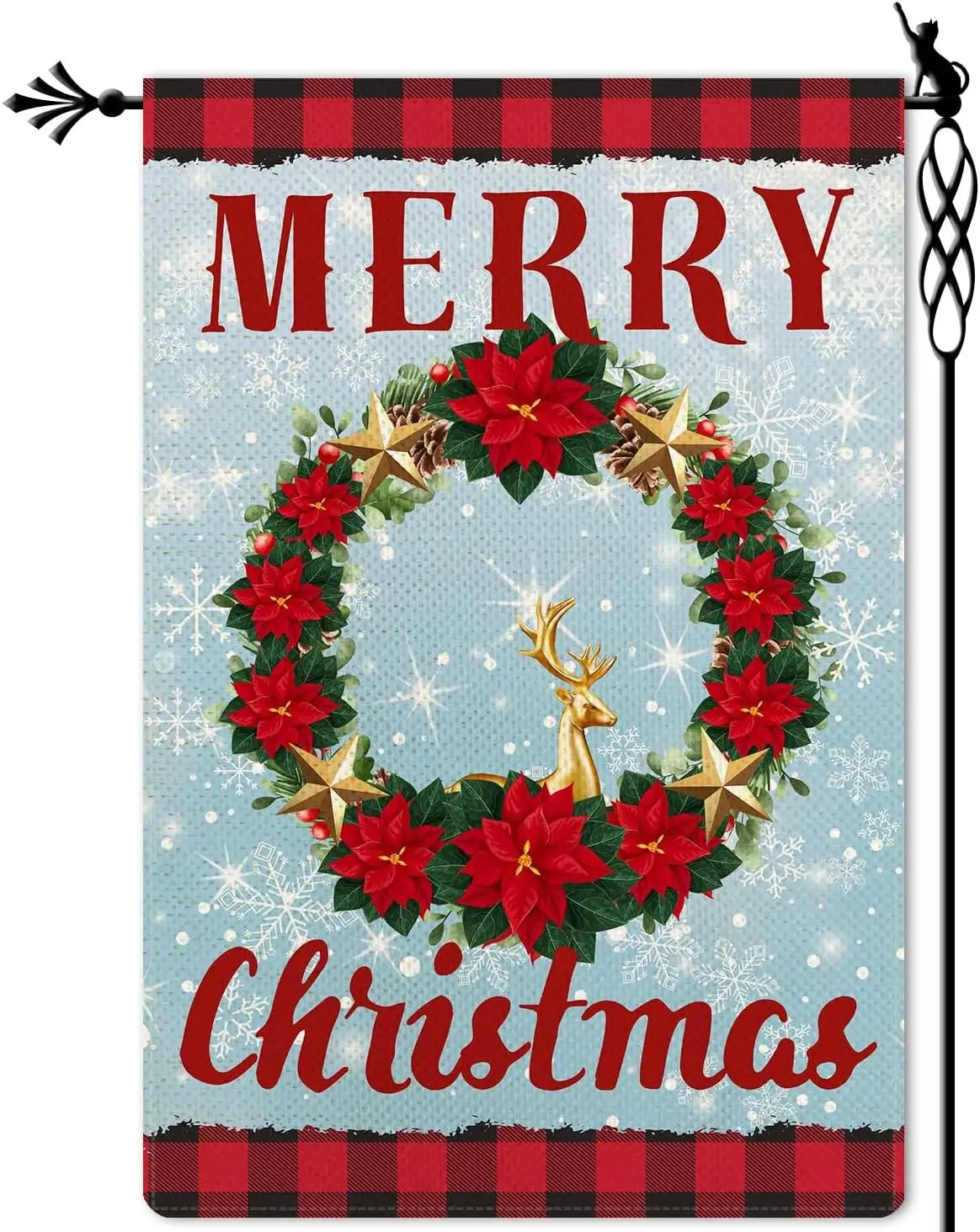 Merry Christmas Garden Flag Xmas Holly Wreath Garden Flag Elk Winter Festive Holiday Vertical Red Buffalo Plaid Check Double Sid