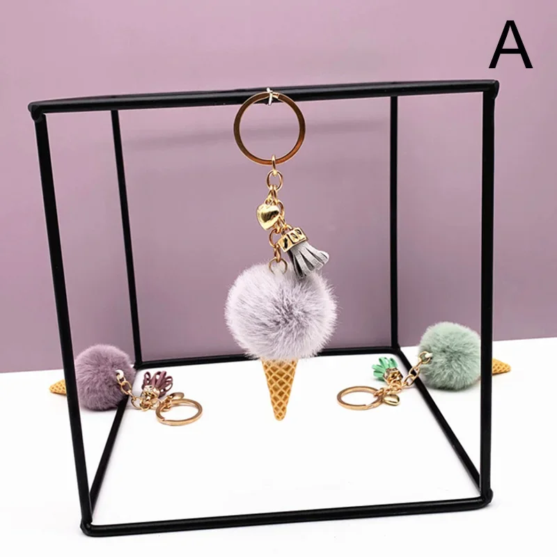 New Ice Cream Keychains for Women Men Plush Pompom Key Chain Rings Pendant Keyring Holder Charm Bag Jewelry Gifts