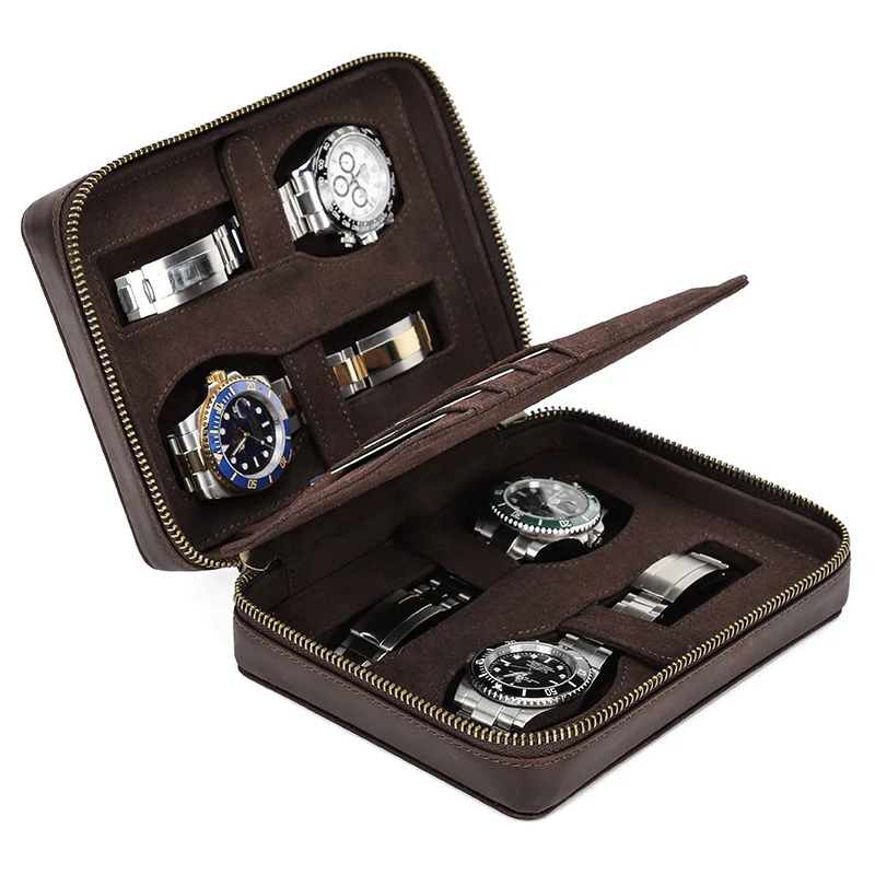 Retro Crazy Horse Leather Watch Box Handmade Rectangle Outdoor Travel Multi-Card Position Watch Storage Box