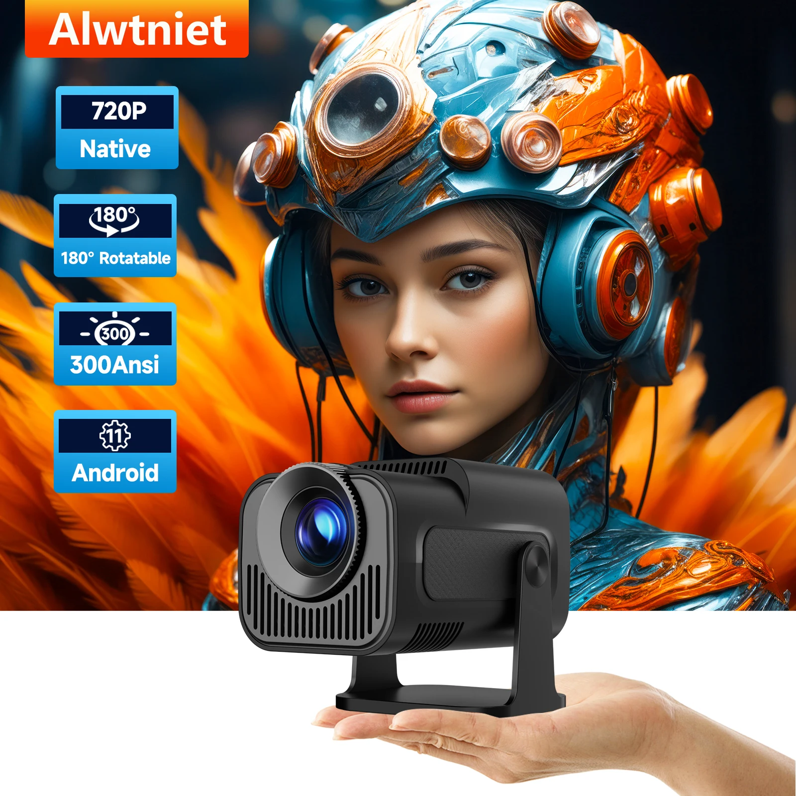 Alwtniet HY320 미니 네이티브 720P 안드로이드 11 4K 프로젝터, 300ANSI Wifi6 BT5.0 시네마, 야외 휴대용 180 ° 회전 프로젝터, 신제품 