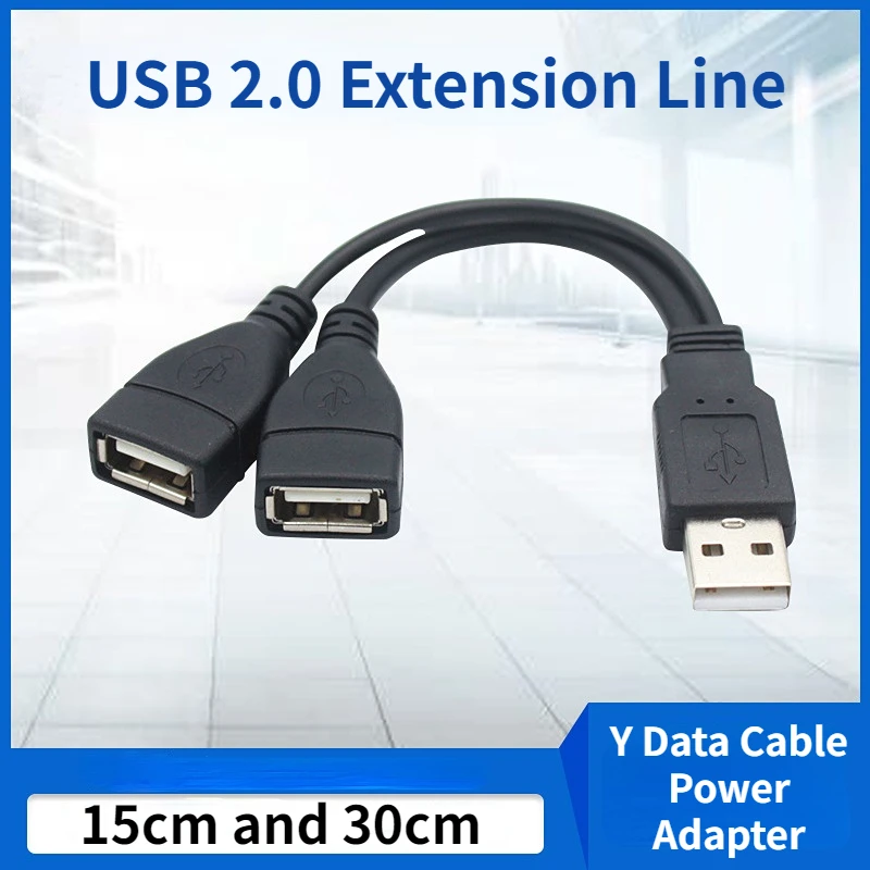 1 Wtyczka męska na 2 gniazda żeńskie Przedłużacz USB 2.0 Y Przewód danych Kabel zasilający Konwerter Rozgałęźnik Kabel USB 2.0 15 cm 30 cm