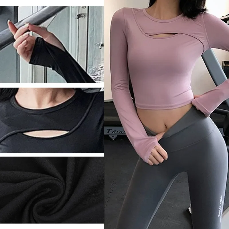 PofyBofy Hollow Round Neck Seamless Stretchy Slimming Fit Women Long Sleeve Shirt Workout Fitness Gym Yoga Running Daily Tops