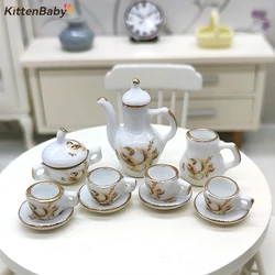 1set 1:12 Dollhouse Miniature Ceramic Brown Rose Teapot Tea Set Wine Set Tableware Mini Tea Cup Wine Glass Model Decor Toy