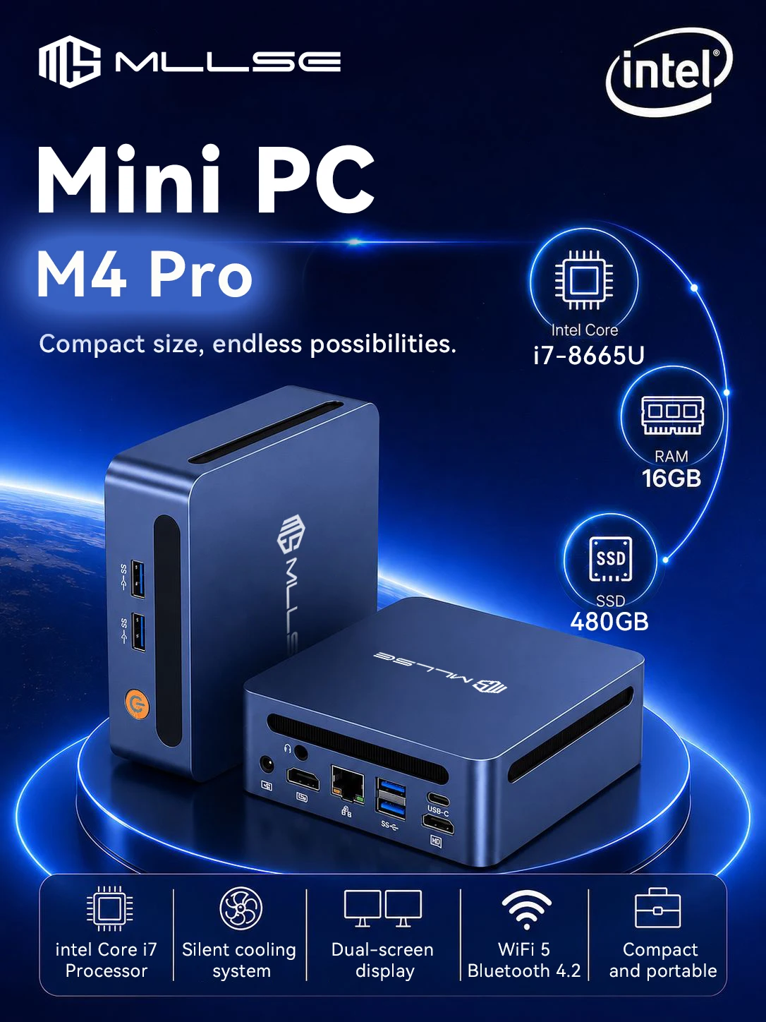 MLLSE M4 Pro Mini-PC Intel Core I7-8665U Prozessor DDR4 16GB RAM 480GB SSD WiFi 5 BT 4.2 Win11 Mini-Desktop-Computer
