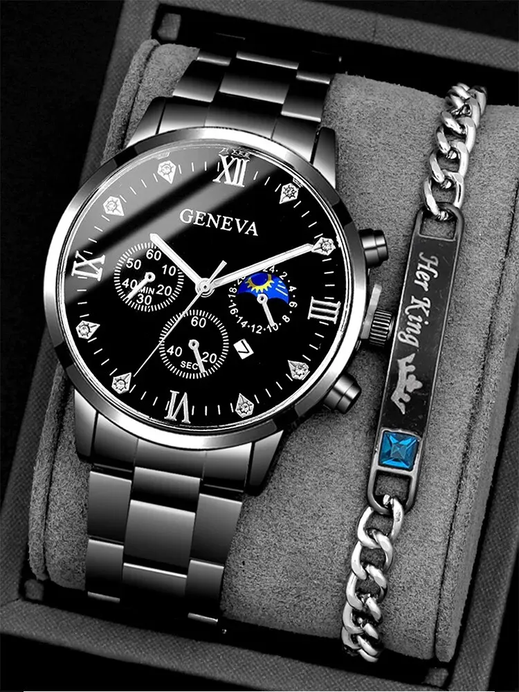 2PCs Men\'s Fashion Business Calendar Round Steel Band Quartz Watch+Chain Bracelet Set