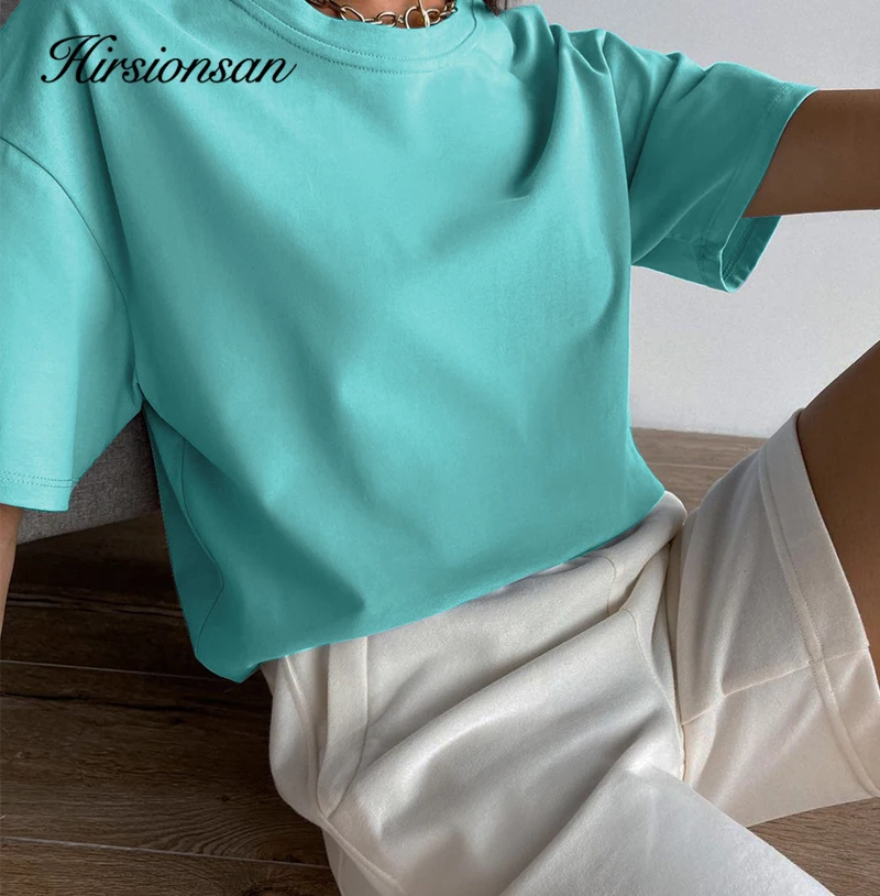 Hirsionsan Basic Cotton T Shirt Women 2023 Summer New Loose Solid Tees 19 Color Casual Loose Tshirt Oversized O Neck Female Tops