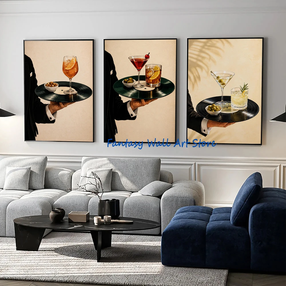 Olive Martini Negroni Whiskey Wine Tuxedo Waiter Poster Halloween Cocktail Vintage Bar Wall Art Canvas Prints Bar Kitchen Decor