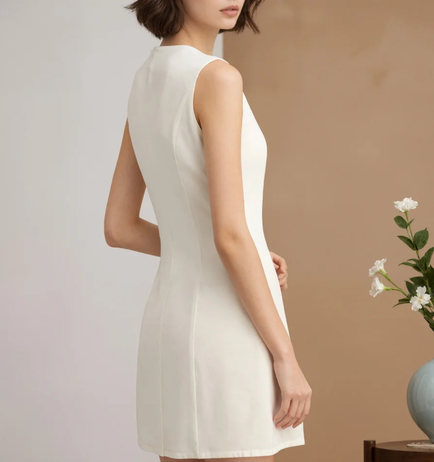 

Women's Gold White Single Breasted Sleeveless Vest Dress 2026 New Style Temperament Socialite Waist Cinched Embroidered Dress
