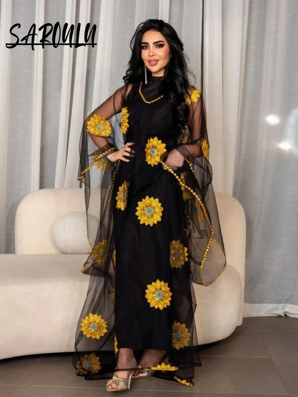 

Kaftan Floral Embroidery Plus Size Evening Dress Elegant Black Delicate Abaya Prom Gown S-2XL Beautiful Banquet Women Wear