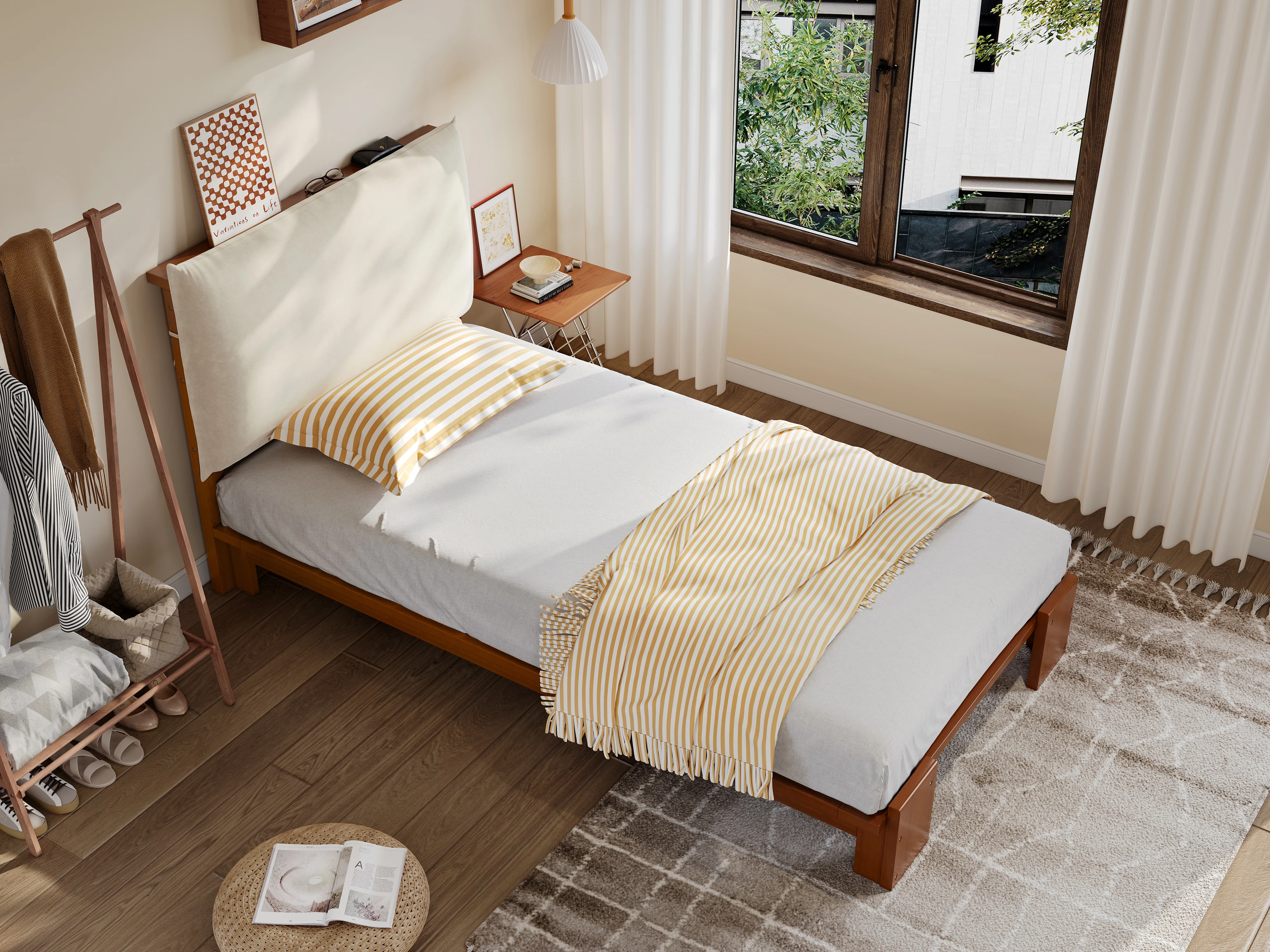 PINGGO Dunkelbraunes Polsterbett Einzelbett 90x200cm Samt-Kopfteil Stabiler Lattenrost Verbreiterte Beine Ohne Matratze – Detail 1
