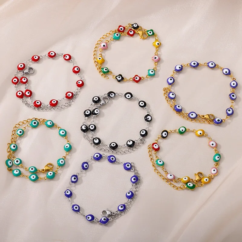 Stainless Steel Evil Eye Bracelets For Women Men Enamel Round Chain Blue Evil Eye Hand Bracelet Summer Beach Jewelry Gift 2024