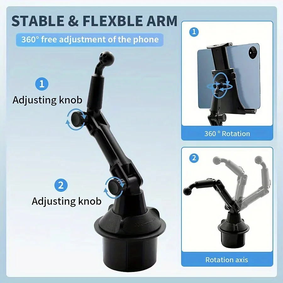 Car Cup Holder Tablet & Phone Mount with Heavy Duty Base - Adjustable Holder for Tablets 4-13in & All Cellphones image 3